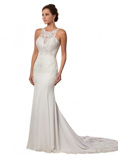 Lace V-Back Chapel Train High Neck Sheath Modern Wedding Dress Armadale