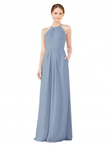 Soft Chiffon Keyhole Back Long Halter Neck Dusty Blue Sheath Bridesmaid Dress Armadale