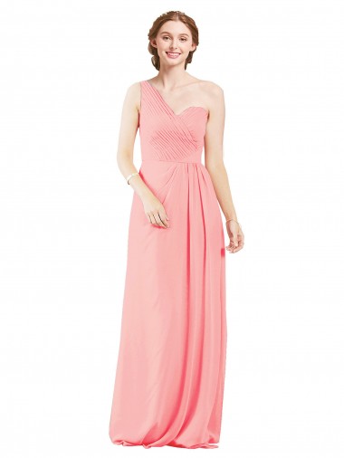 Soft Chiffon Long One Shoulder Salmon A-Line Bridal Party Dress Armadale