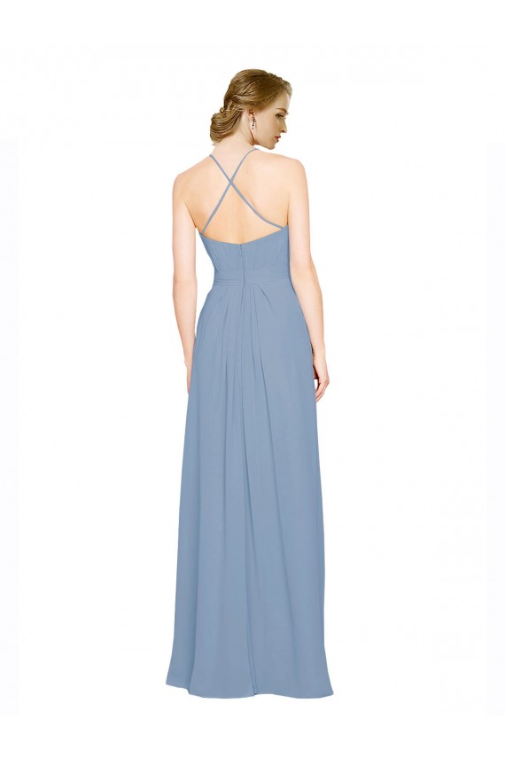 Chiffon Criss Cross Open Back Long Halter Neck Dusty Blue A-Line Bridesmaid Dress / Evening Dress Armadale
