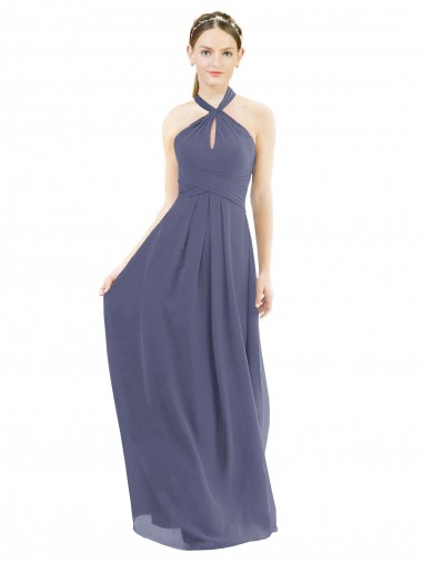 Soft Chiffon Low Back Long Halter Neck Silver Stone A-Line Bridesmaid Dress Armadale
