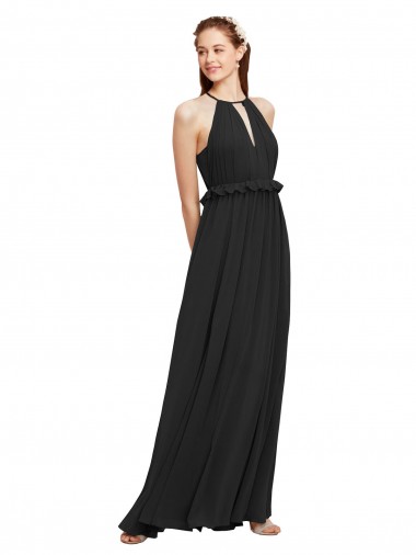 Soft Chiffon Keyhole Back Long Halter Neck Black Sheath Bridesmaid Dress Armadale