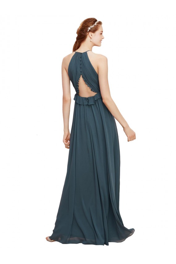 Soft Chiffon Keyhole Back Long Halter Neck Black Sheath Bridesmaid Dress Armadale
