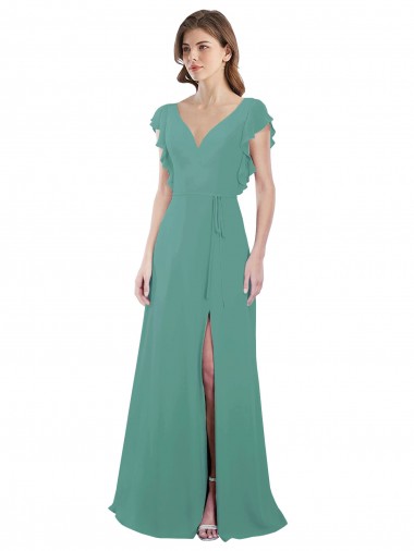 Soft Chiffon V-Back Long V-Neck Icelandic Silver A-Line Formal Dress / Bridesmaid Dress Armadale