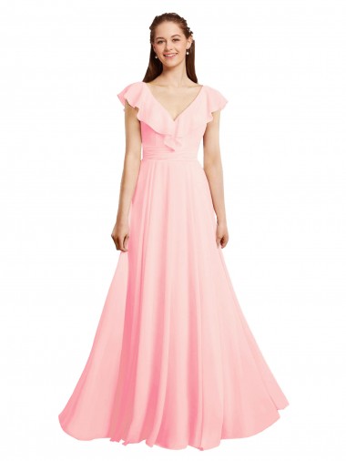 Chiffon V-Back Long V-Neck Pink A-Line Bridesmaid Dress / Evening Gowns Armadale