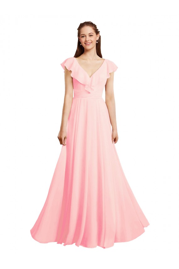 Chiffon V-Back Long V-Neck Pink A-Line Bridesmaid Dress / Evening Gowns Armadale