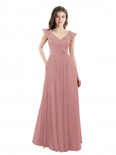 Soft Chiffon V-Back Long V-Neck Dusty Pink A-Line Bridesmaid Dress Armadale