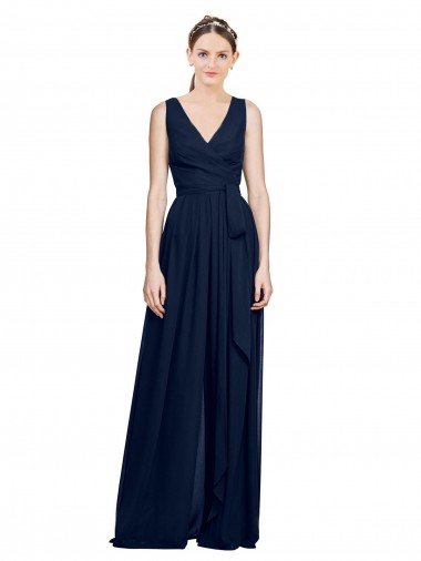 Chiffon Long V-Neck Dark Navy A-Line Wedding Party Dress Armadale