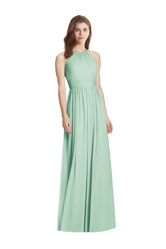 Soft Chiffon Open Back Long Halter Neck Mint Green A-Line Semi Formal Evening Dress / Bridesmaid Dress Armadale