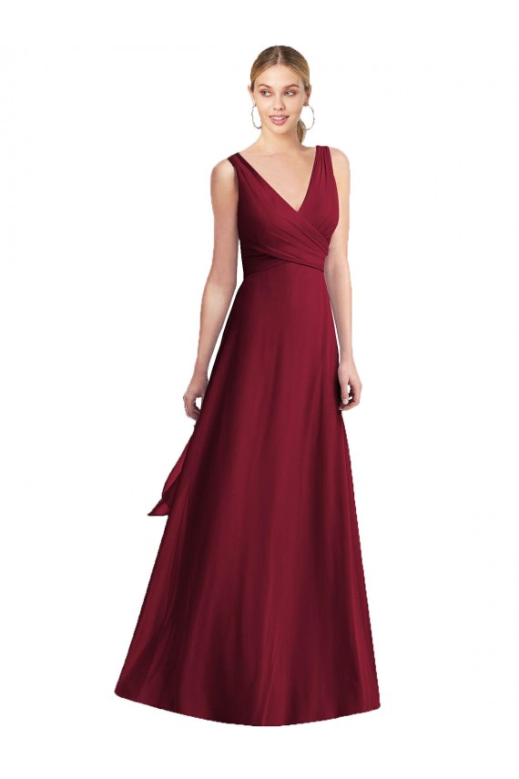 Chiffon V-Back Long Floor Length V-Neck Burgundy A-Line Bridesmaid Dress Armadale