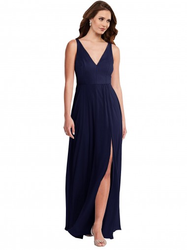 Soft Chiffon V-Back Long V-Neck Dark Navy A-Line Black Tie Evening Gown / Bridesmaid Dress Armadale