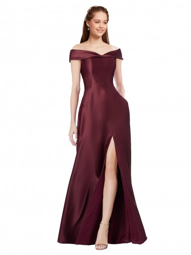 Satin Long Off the Shoulder Burgundy Gold A-Line Black Tie Evening Gown / Prom Dress / Bridesmaid Dress Armadale