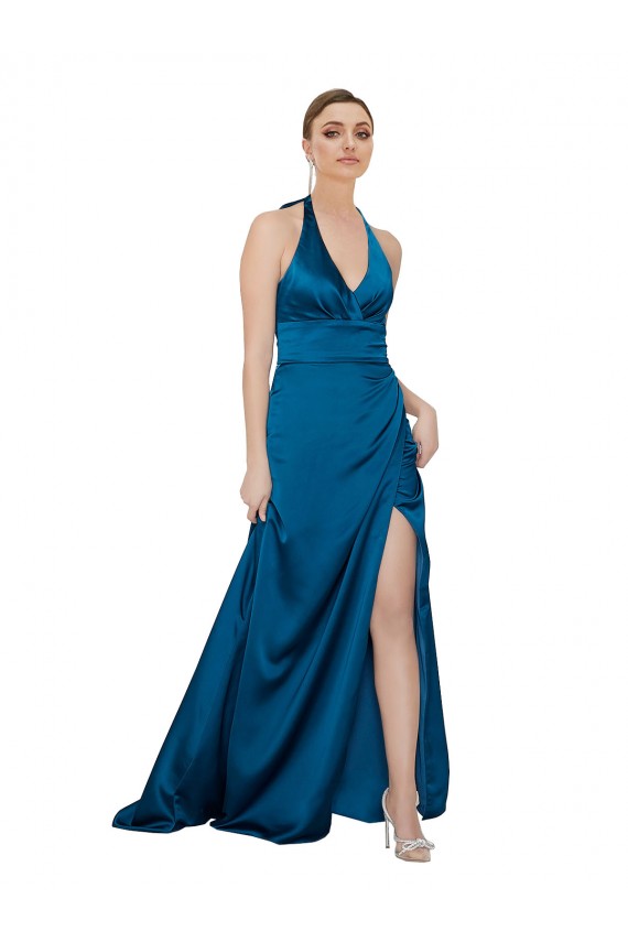 Silk like Satin Open Back Long Halter Neck Peacock Blue A-Line Formal Evening Gown / Prom Dress / Bridesmaid Dress Armadale
