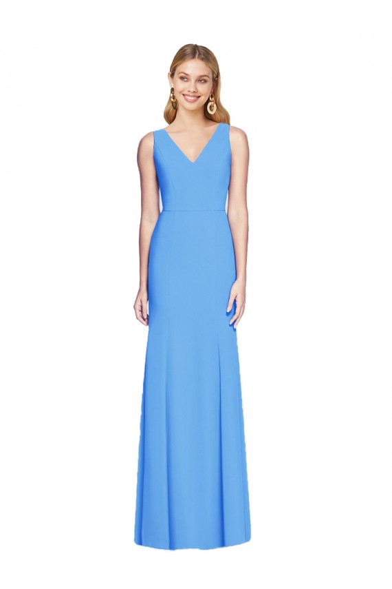 Stretch Crepe Keyhole Back Long V-Neck Peacock Blue Trumpet Semi Formal Evening Dress / Prom Dress / Bridesmaid Dress Armadale