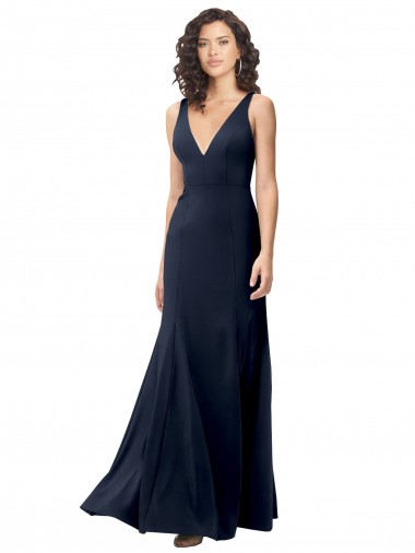 Stretch Crepe V-Back Long V-Neck Dark Navy A-Line Formal Dress / Bridesmaid Dress Armadale