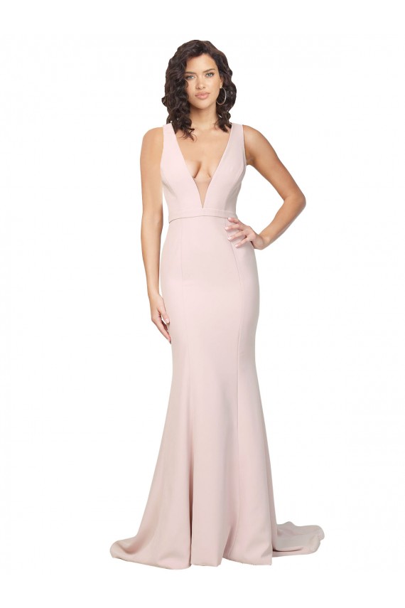 Stretch Crepe V-Back Sweep Train V-Neck Sheath Black Tie Evening Gown / Prom Dress / Bridesmaid Dress Armadale