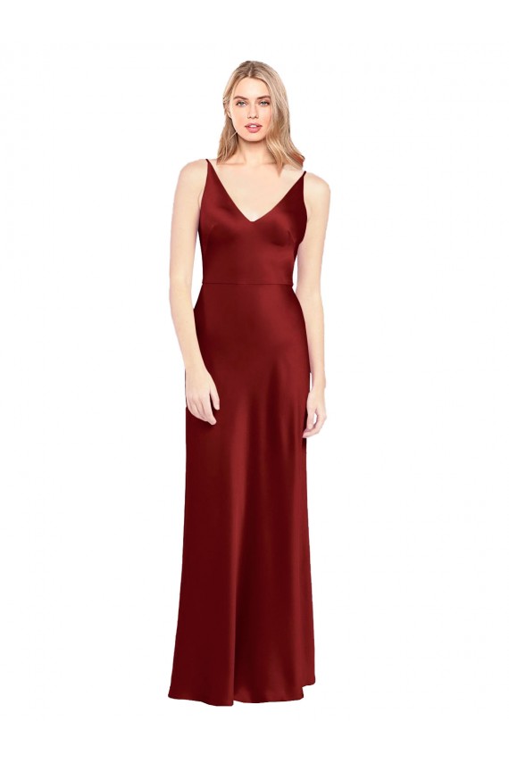 Stretch Satin V-Back Long Spaghetti Straps A-Line Formal Evening Gown / Prom Dress / Bridesmaid Dress Armadale