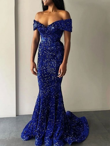 Velvet Sequin Sweep Train Off the Shoulder Mermaid Prom Dresses Armadale
