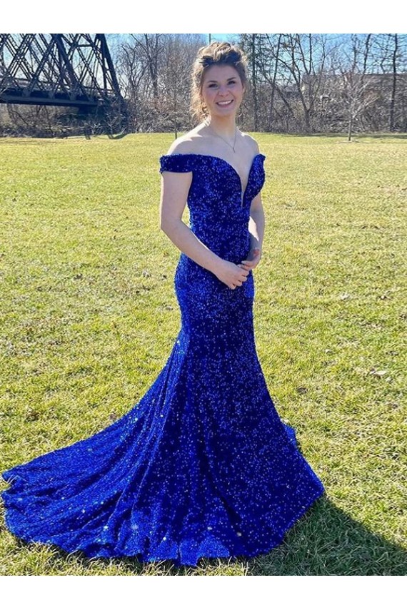 Velvet Sequin Sweep Train Off the Shoulder Sheath Prom Dress Armadale