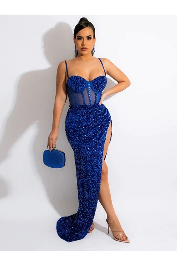 Velvet Sequin Sleeveless Spaghetti Straps Royal Blue Sheath Evening Dress Armadale