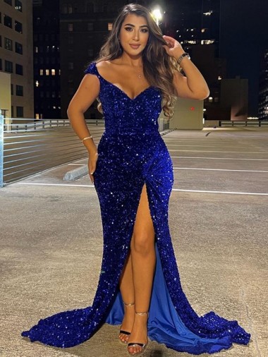 Velvet Sequin Sweep Train V-Neck Sheath Dress Armadale