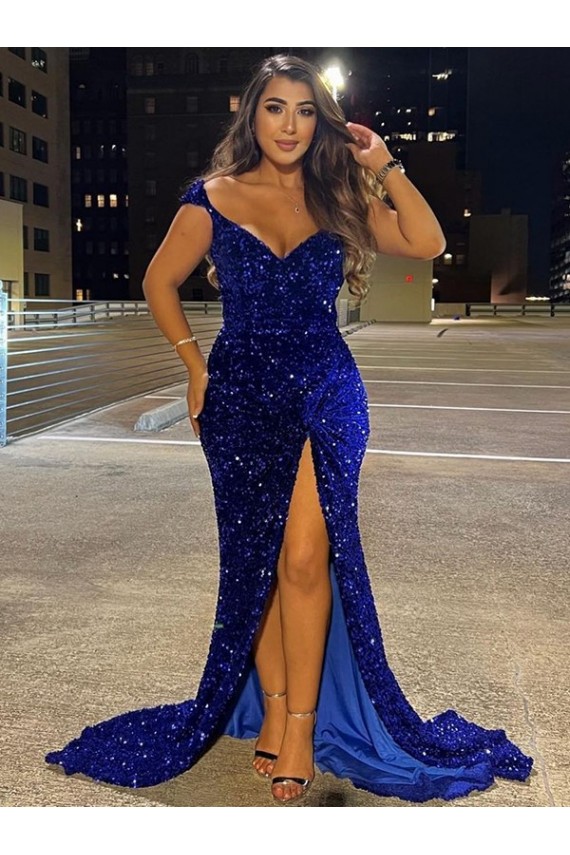 Velvet Sequin Sweep Train V-Neck Sheath Dress Armadale